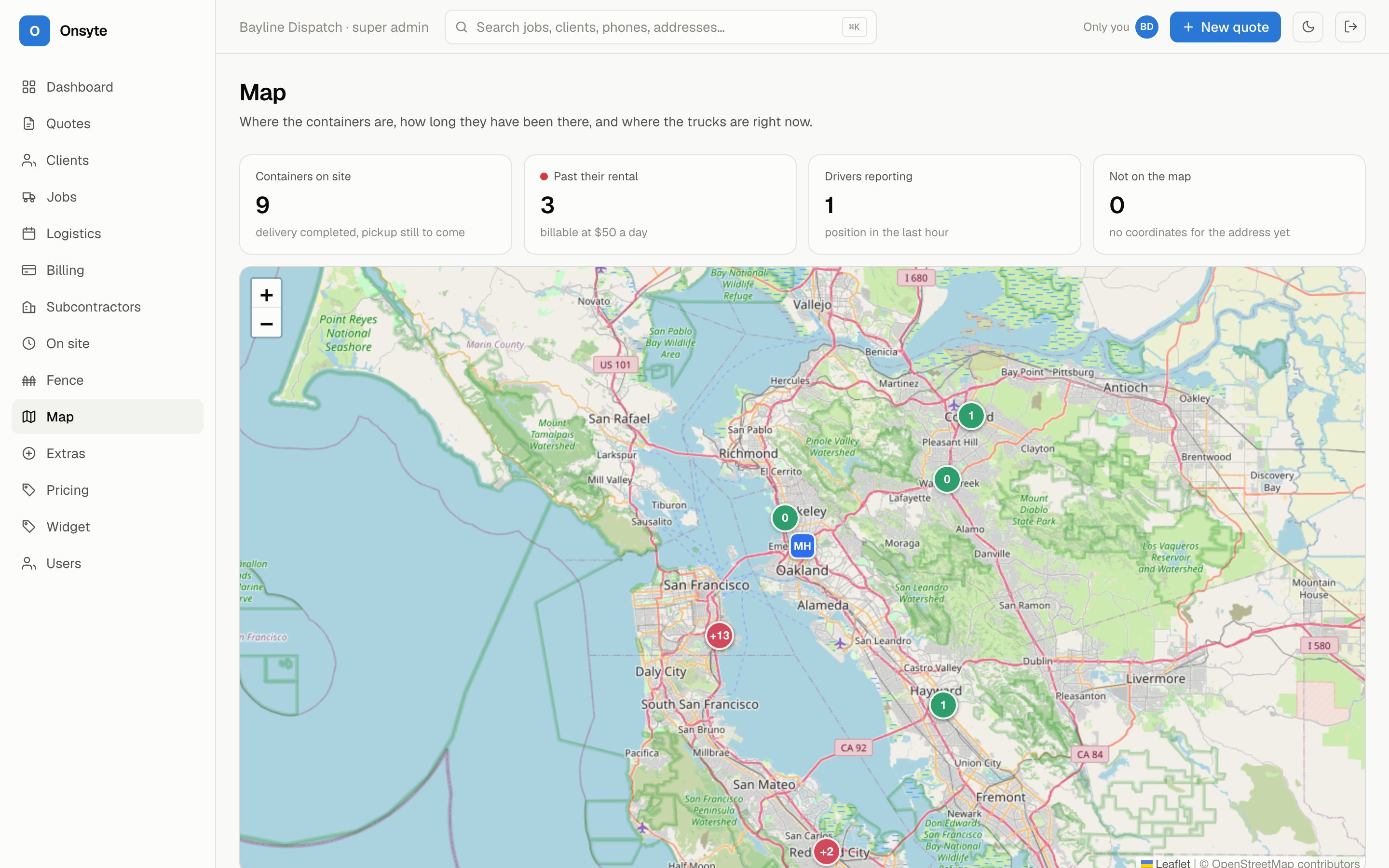 The live map: containers standing on job sites across the Bay Area, coloured by how long they have been out, and trucks moving.