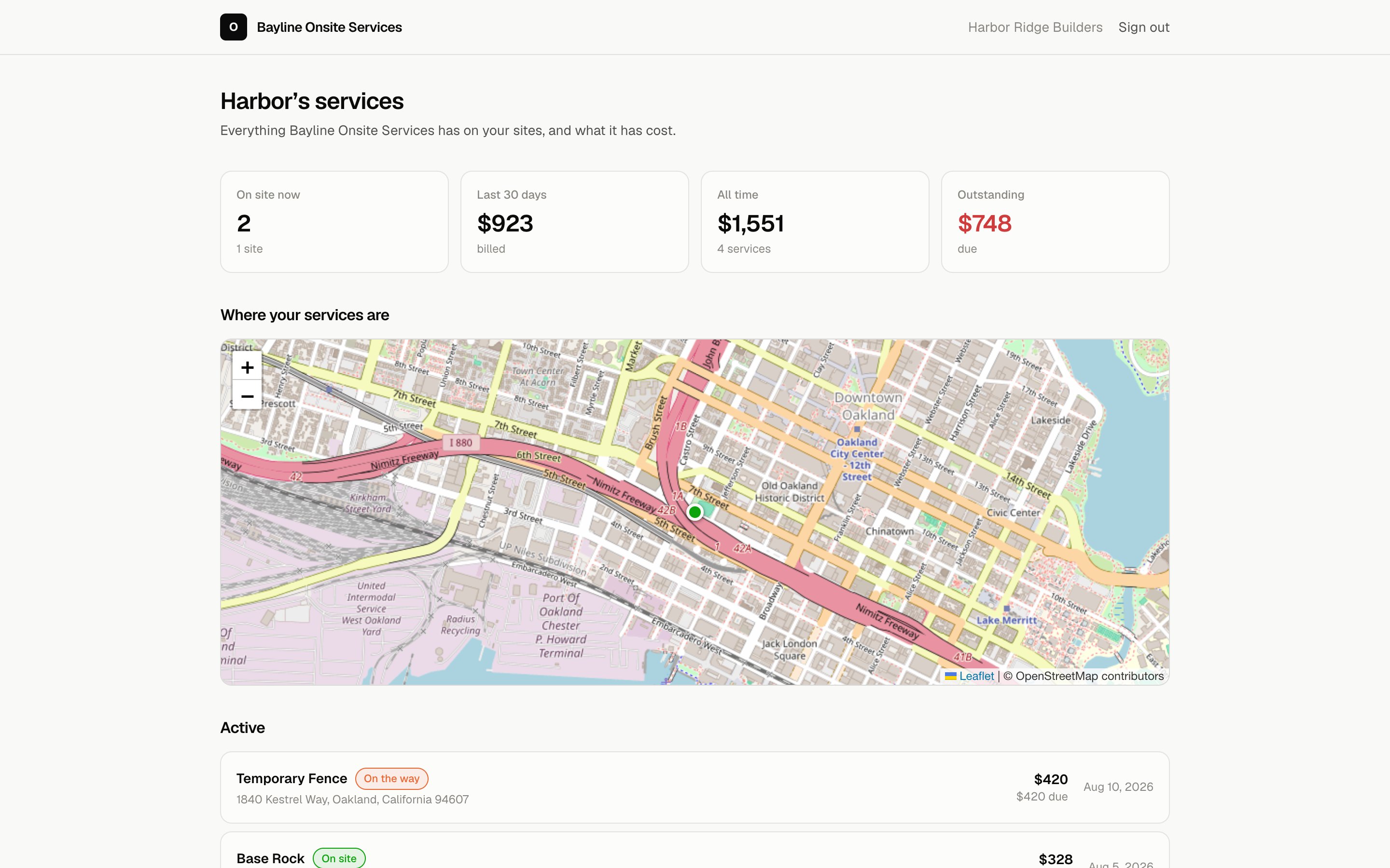 The customer account: sites on a map, spend over the last 30 days and all time, outstanding balance, and the active services with one on the way.